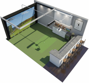 A detailed 3D architectural rendering of a luxury indoor golf simulator room, showcasing precise overhead launch monitor placement, custom wall padding, and an integrated social lounge area.