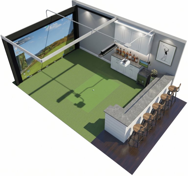 A detailed 3D architectural rendering of a luxury indoor golf simulator room, showcasing precise overhead launch monitor placement, custom wall padding, and an integrated social lounge area.
