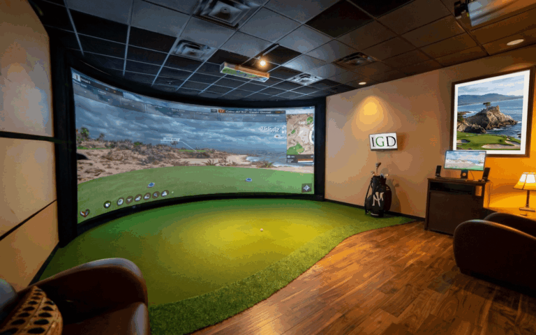 Ultra-premium curved golf simulator screen by Sims & Greens, featuring a flush-to-wall architectural finish, tour-grade turf integration, and 4K laser projection in a custom-built Tampa, FL residential golf sanctuary.