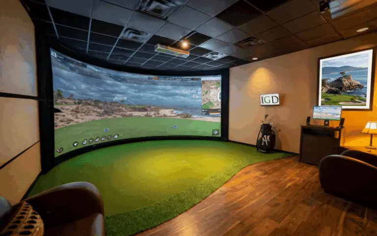 Ultra-premium curved golf simulator screen by Sims & Greens, featuring a flush-to-wall architectural finish, tour-grade turf integration, and 4K laser projection in a custom-built Tampa, FL residential golf sanctuary.
