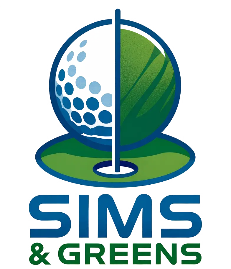 Sims & Greens company logo featuring a circular emblem split between a golf ball and a putting green with a flag.