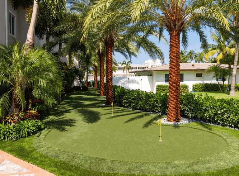 Professional residential putting green in St. Petersburg, FL, engineered by Sims & Greens with custom fringe gradients, precision-contoured putting surface, and integrated drainage for coastal humidity.