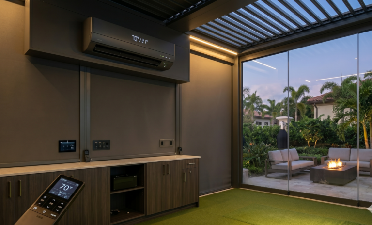 climate-controlled-outdoor-golf-simulator-florida - Sims & Greens A low-profile mini-split air conditioning unit installed inside a luxury outdoor golf simulator pergola, featuring sleek dark cabinetry, premium putting turf, and glass walls overlooking a Florida backyard patio.