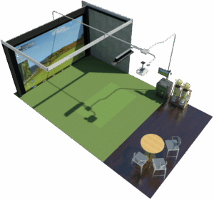 A detailed 3D design rendering of a custom residential golf simulator room in Tampa, featuring precise floor-to-ceiling impact screen dimensions, a flush-mounted hitting mat, and social seating layout.