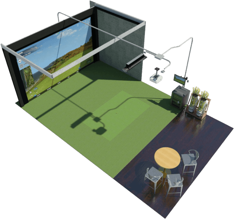 A detailed 3D design rendering of a custom residential golf simulator room in Tampa, featuring precise floor-to-ceiling impact screen dimensions, a flush-mounted hitting mat, and social seating layout.