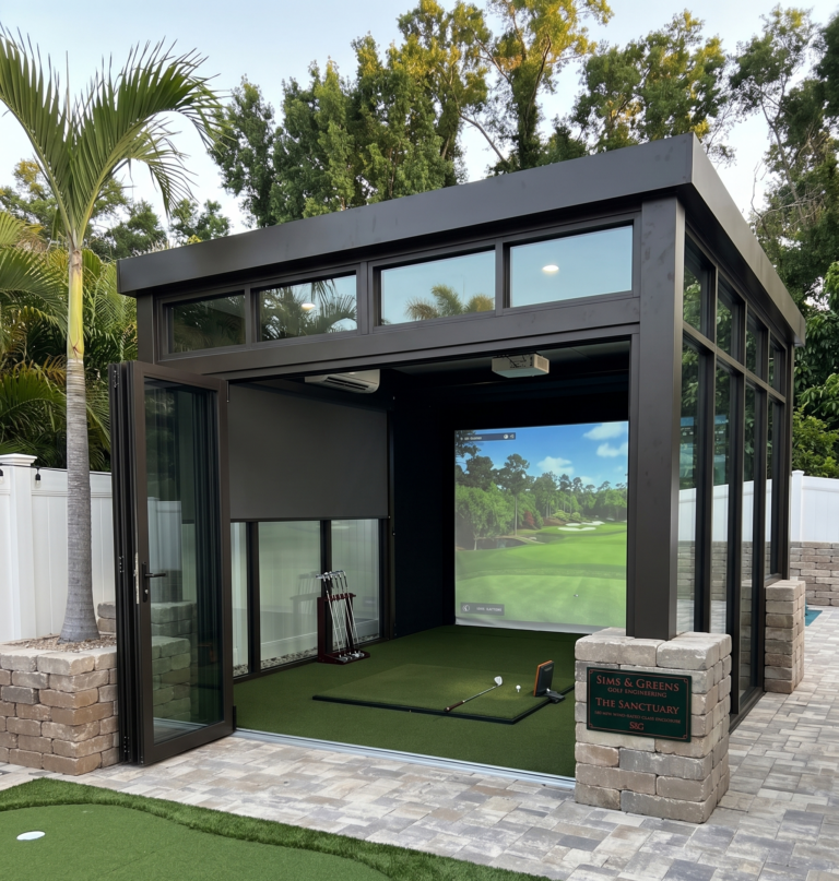 Outdoor golf gazebo with AC and retractable shade screens golf simulator bay by Sims & Greens, featuring custom floor-to-ceiling protective padded walls, integrated high-speed launch monitor tracking, and a premium turf-to-screen transition.