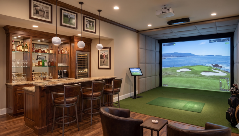 High-end home bar and golf simulator integration in Seminole, FL, featuring a custom-built wet bar, Prussian Blue cabinetry, and a flush-mounted 4K golf sanctuary engineered by Sims & Greens.