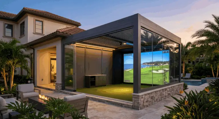 Luxury louvered golf simulator gazebo with integrated AC and putting green in a Tampa, FL backyard.