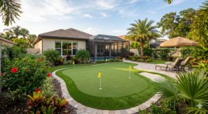 Sims & Greens | The Seminole Short-Game Laboratory - Sims & Greens Professional outdoor putting green in Seminole, FL featuring custom-engineered undulations, a deep-sand bunker, and premium multi-directional turf by Sims & Greens.