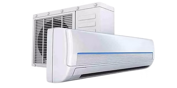 Split air conditioning unit installed above a golf simulator hitting bay