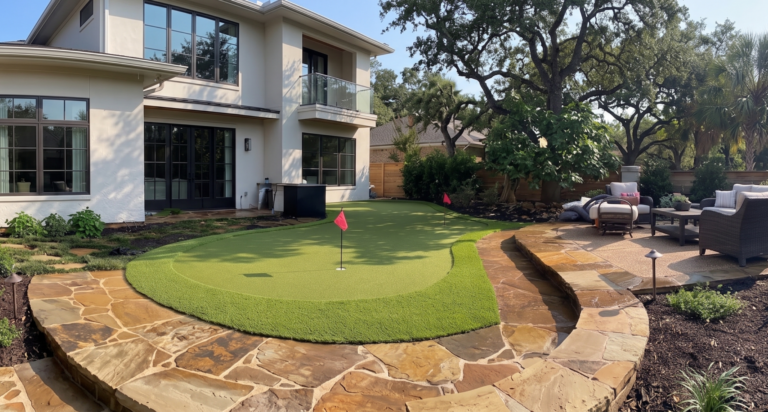 custom-shaped artificial turf putting green featuring two red flagsticks. The vibrant green turf is surrounded by a textured flagstone border and meticulously landscaped garden beds. The putting green is the centerpiece of a modern backyard, situated between a stone patio with lounge seating and a contemporary two-story home with large glass windows. Natural sunlight filters through overhanging trees, casting soft shadows across the smooth putting surface.