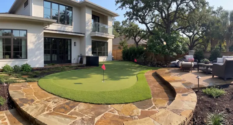 Custom-shaped artificial turf putting green with red flagsticks in a modern Seminole, Florida backyard featuring flagstone borders and luxury outdoor living spaces.