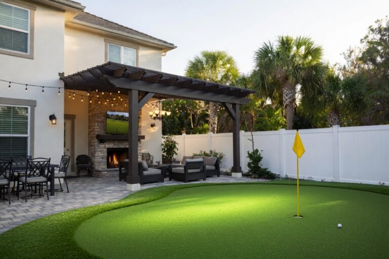 Luxury residential backyard putting green in Clearwater, FL, featuring multi-toned synthetic turf, professional fringe, and custom undulations.