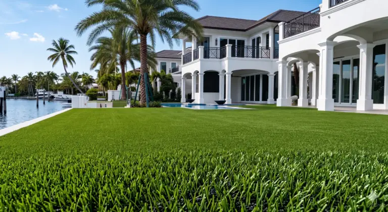 Custom salt-resistant artificial turf lawn integrated with a luxury composite deck and a modern gas fire pit in a waterfront Tierra Verde, Florida backyard.