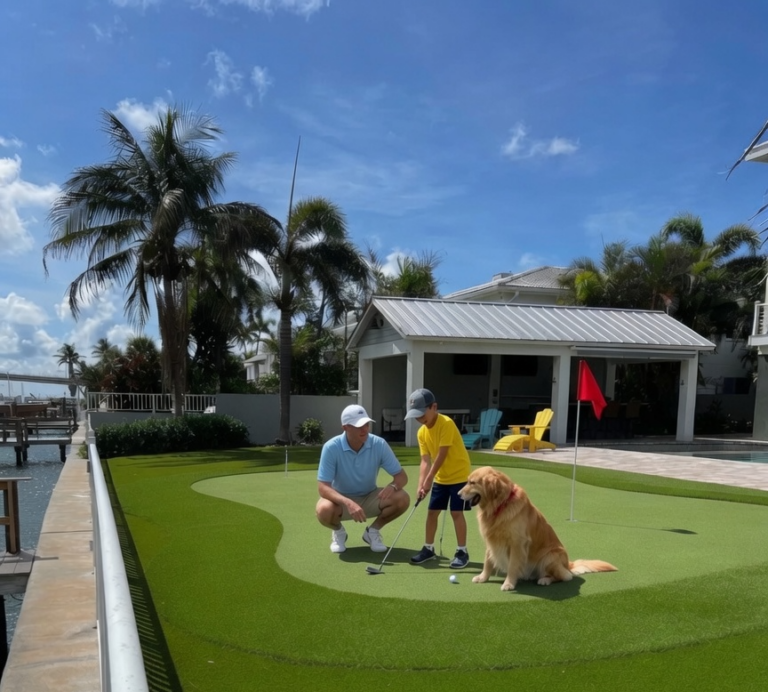 A family playing on a custom backyard putting green in Clearwater, FL, featuring professional-grade artificial turf and realistic fringe.