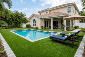 Backyard of a beige two-story house with terracotta roof, a rectangular pool, and lounge chairs under a large umbrella.