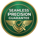 Gold and green circular seal with wings displaying the 'Seamless Precision Guarantee' logo for Sims & Greens artificial turf installations.