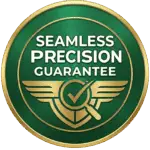 Gold and green circular seal with wings displaying the 'Seamless Precision Guarantee' logo for Sims & Greens artificial turf installations.