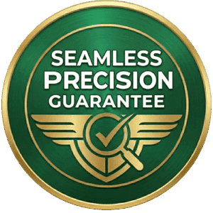 Gold and green circular seal with wings displaying the 'Seamless Precision Guarantee' logo for Sims & Greens artificial turf installations.