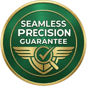 Gold and green circular seal with wings displaying the 'Seamless Precision Guarantee' logo for Sims & Greens artificial turf installations.