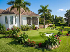 st peterburg FL Backyard Putting Green | Luxury Artificial Turf Golf Green with No Bunker - Sims & Greens Premium synthetic putting green with realistic undulations, breaks, and a sand bunker installed in a bright sunny backyard of a modern white home in St. Petersburg, Florida. Palm trees and lush tropical landscaping frame the tour-quality short game area designed for Pinellas County families and serious golfers.