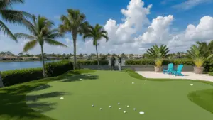Seminole Backyard Putting Green Lawn Replacement - Sims & Greens Luxury backyard artificial turf putting green next to a swimming pool and palm trees in Seminole, Florida.