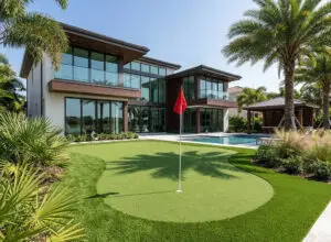 Tampa Luxury Backyard Putting Green with Chipping Fringe - Sims & Greens uxury modern home in Tampa, Florida, featuring a custom backyard artificial turf putting green with a red flag, chipping fringe, and a swimming pool.